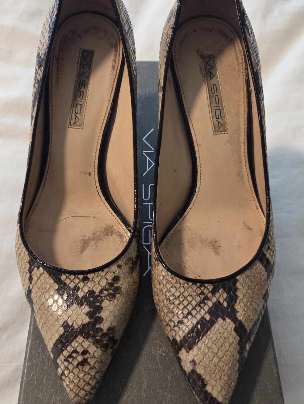 Via Spiga Tan and Dark Brownish Grey Snake-Print Pointed Toe Pumps.